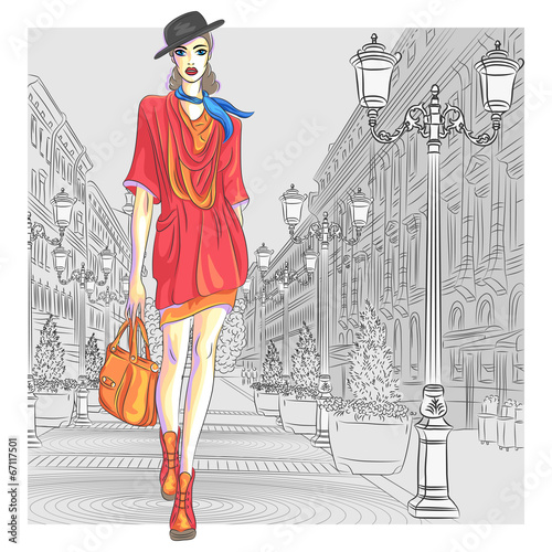 Vector attractive fashion girl goes for St. Petersburg
