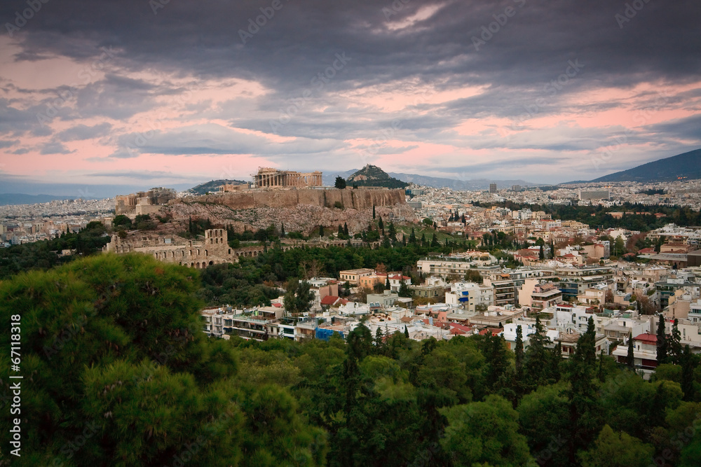 Evening view of Acropolis in Athens from Filopappou Hill.