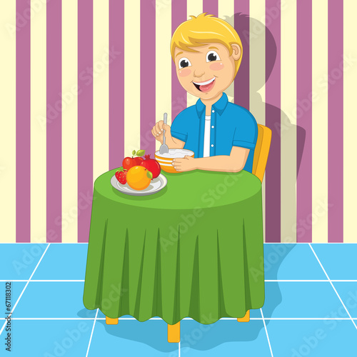 Vector Illustration Of A Little Boy Eating Meal