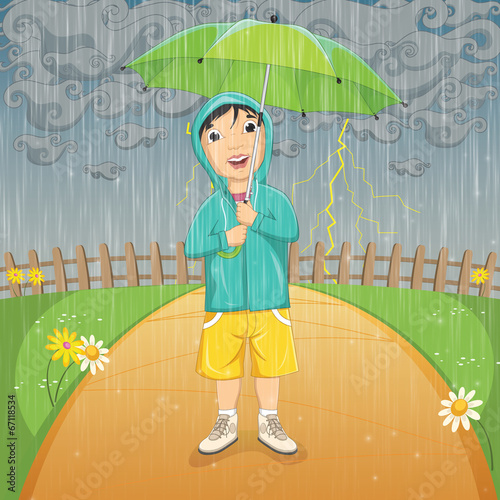 Little Kid Standing Under the Rain with Umbrella