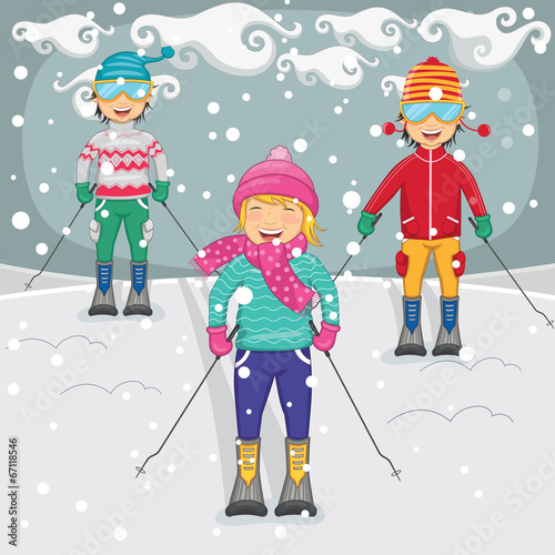 Vector Illustration Of Children Skiing