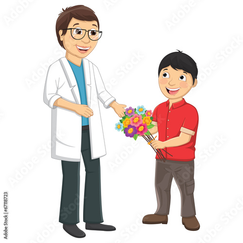Vector Illustration Of Kid Giving Flower To Teacher photo