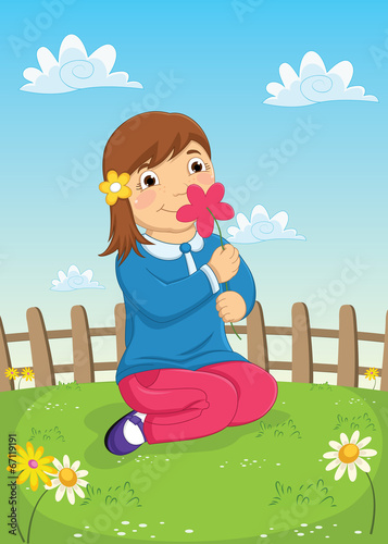 Girl Smelling Flower Vector Illustration