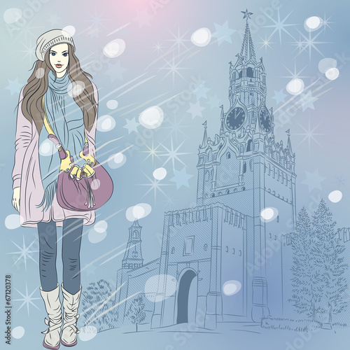 Vector Christmas winter cityscape with fashion girl in Moscow