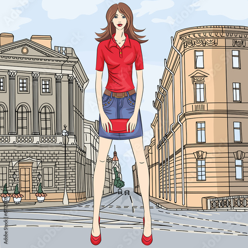Vector beautiful fashion girl top model on the street in St. Pet