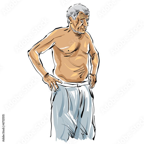 Hand drawn old man illustration on white background, grey-haired