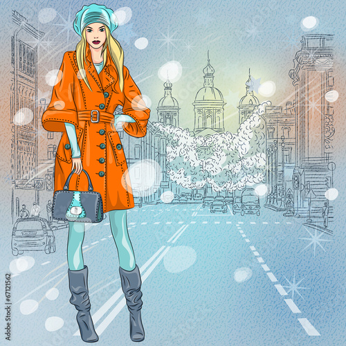 Vector beautiful fashionable girl on the avenue
