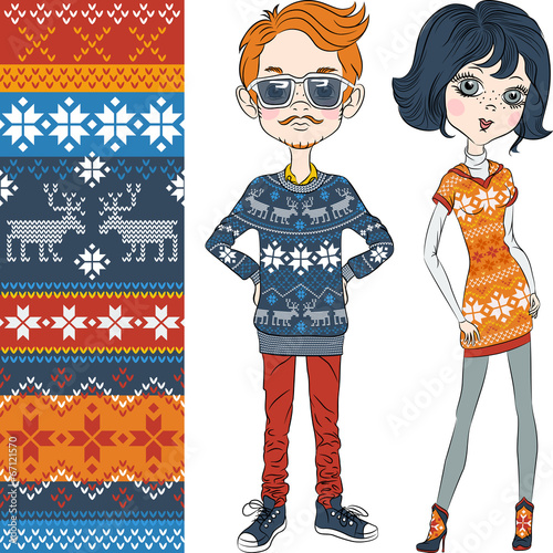 vector fashion hipster boy and girl in knitted sweaters