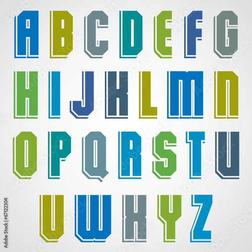 Colorful decorative font, geometric uppercase letters with white