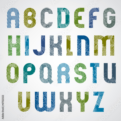 Grunge colorful rubbed upper case letters, decorative font on wh
