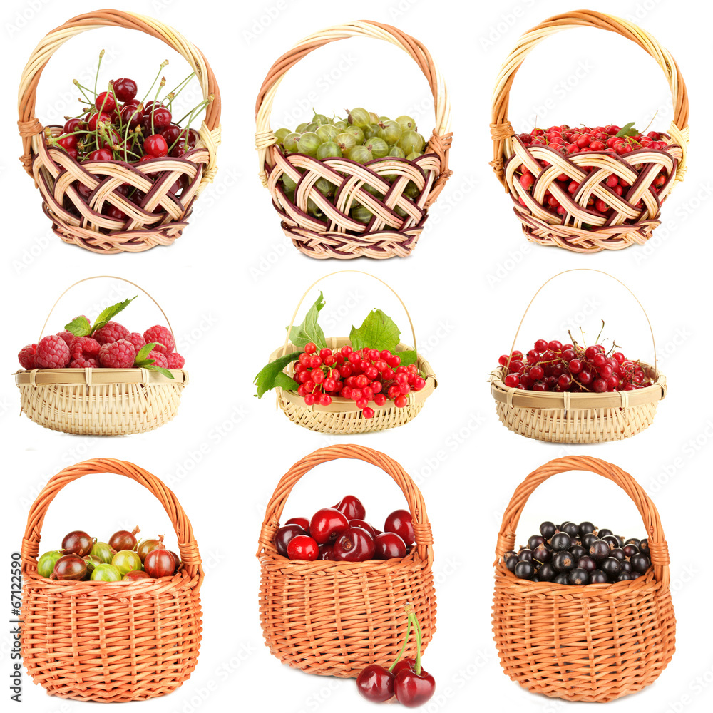 Collage of berries in baskets isolated on white Collage of berries in baskets isolated on white