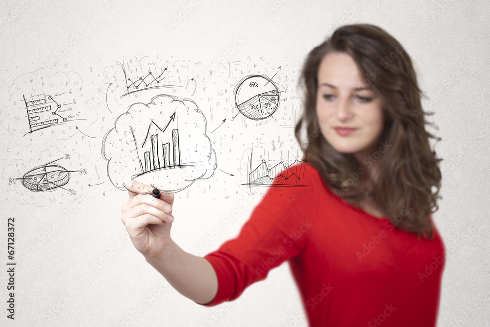 Young lady sketching financial chart icons and symbols Young lady sketching financial chart icons and symbols