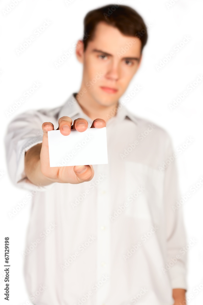 young man with a business card in his outstretched hand isolated young man with a business card in his outstretched hand isolated