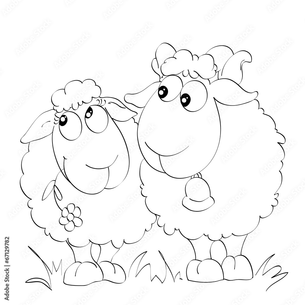 Fototapeta premium Contour of two funny sheep on the isolated white background