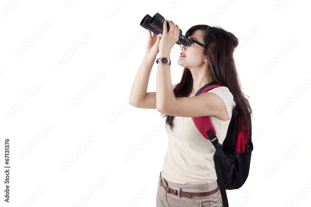 College student using binoculars College student using binoculars