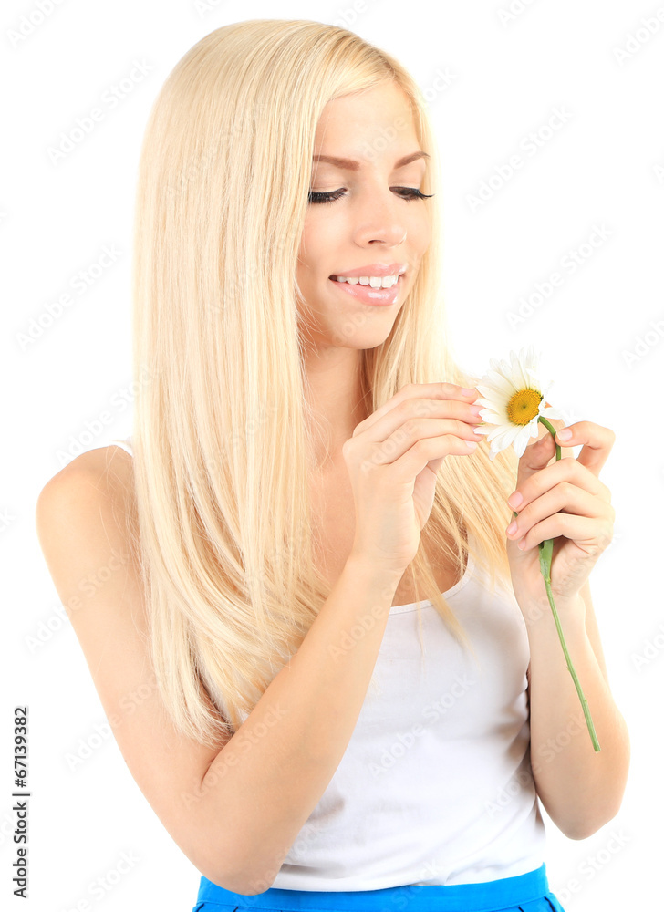 Young beautiful woman with chamomile isolated on white Young beautiful woman with chamomile isolated on white