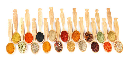 Fototapete Gewürze Assortment of spices in wooden spoons, isolated on white  © Africa Studio