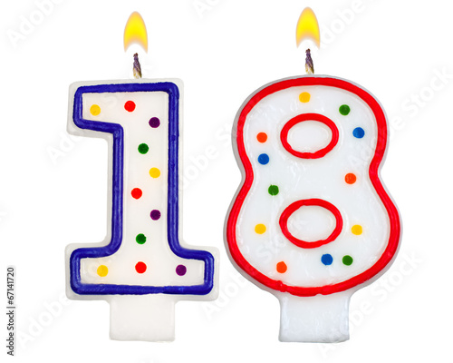Birthday candles number eighteen isolated on white background
