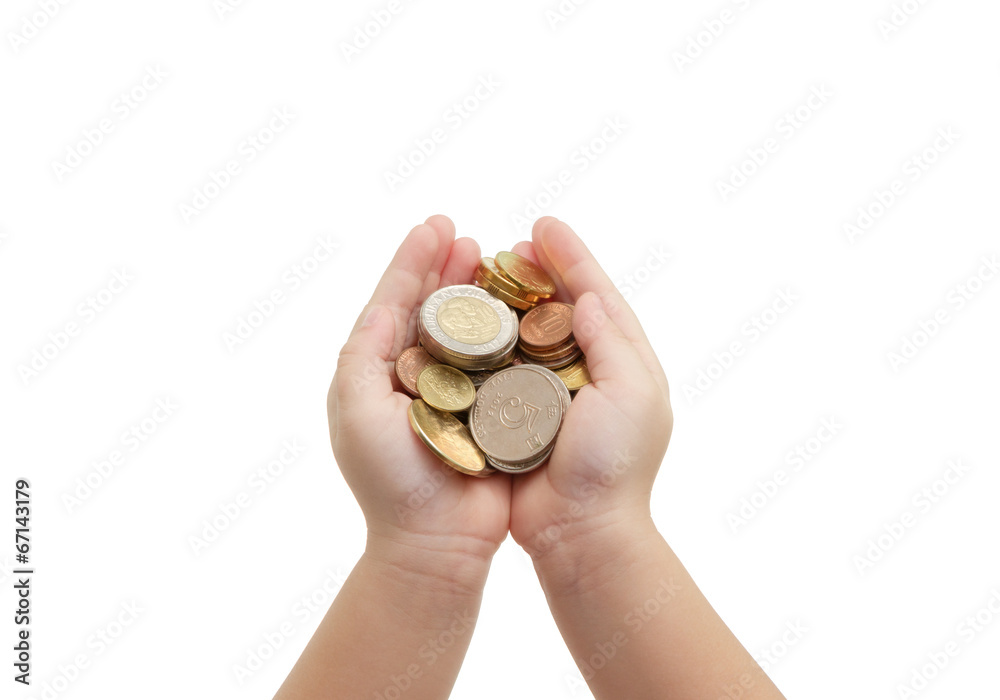 isolated of child's hands holding coins isolated of child's hands holding coins