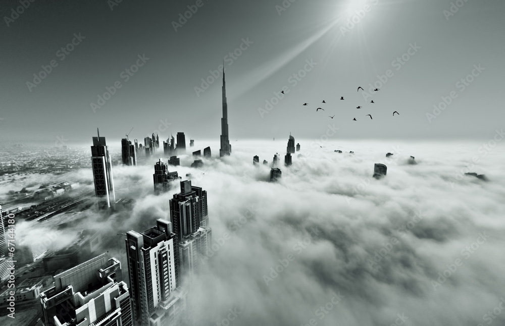 Dubai skyline in fog