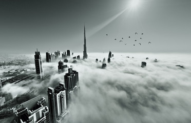 Crédence de cuisine Burj Khalifa Skyline de Dubaï dans la brume  © naufalmq