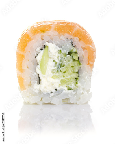 One peace sushi roll with shadow isolated on white background