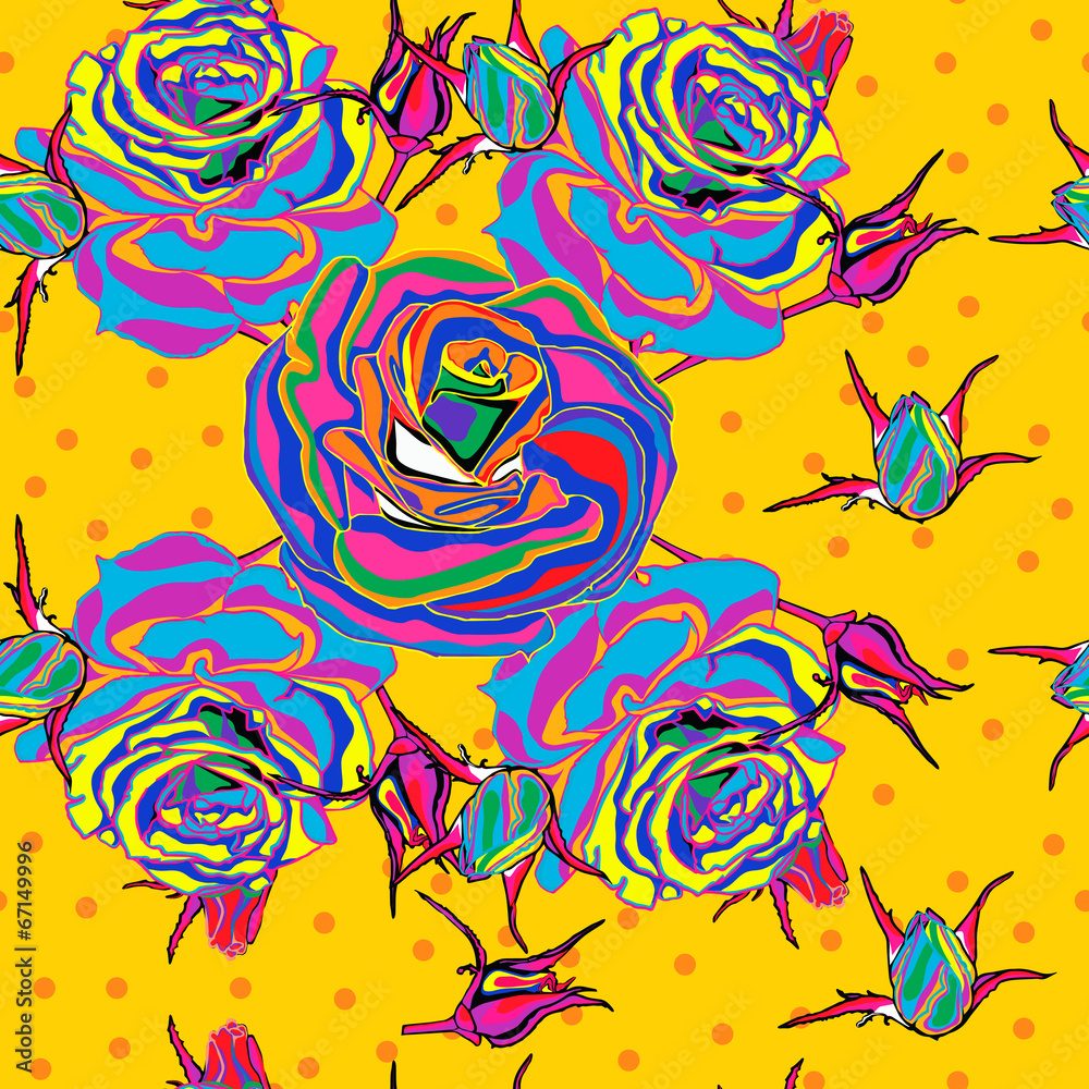 Seamless background. Multicolored roses. pop art