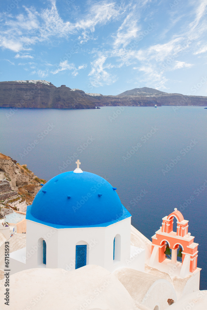 traditional blue dome with sea, Santorini