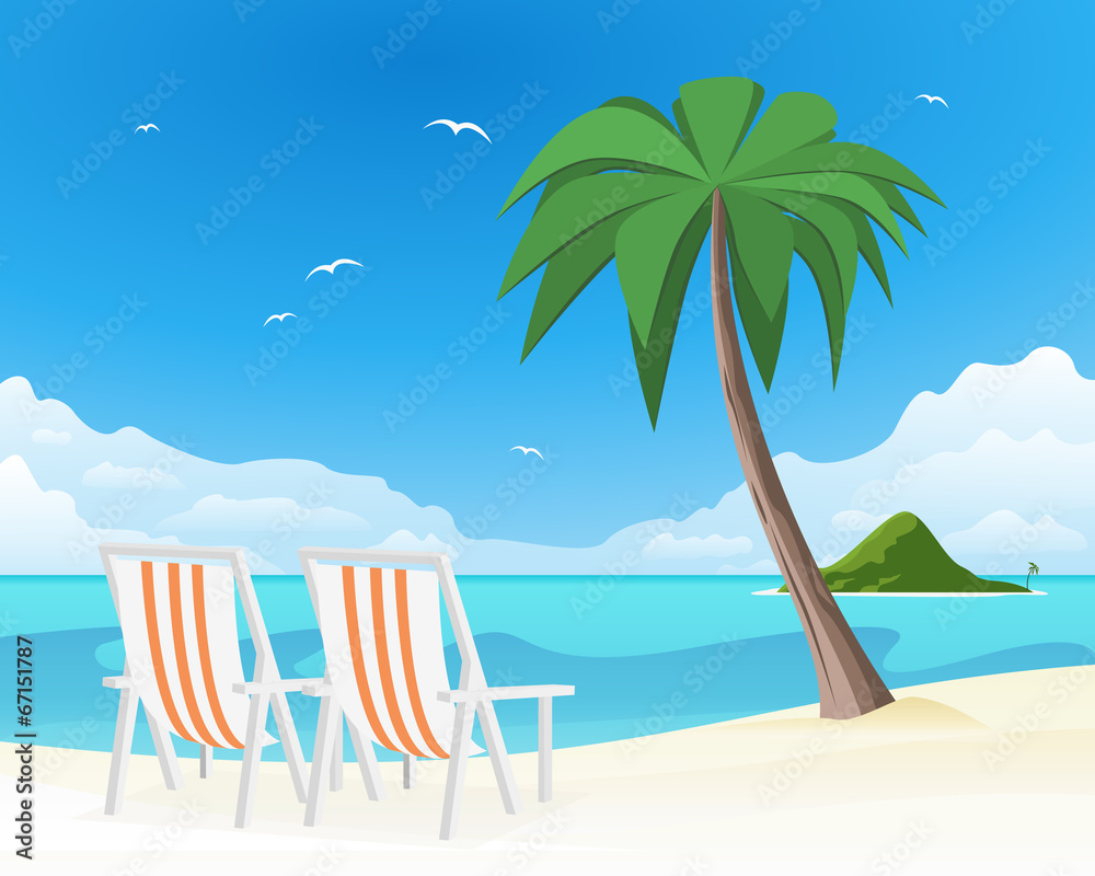 Fototapeta premium Two beach chairs on tropical white sand