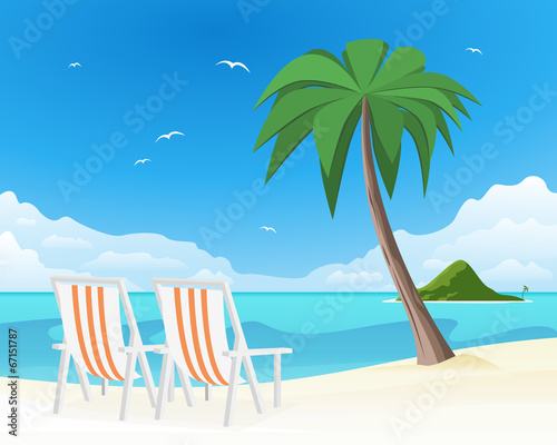 Two beach chairs on tropical white sand