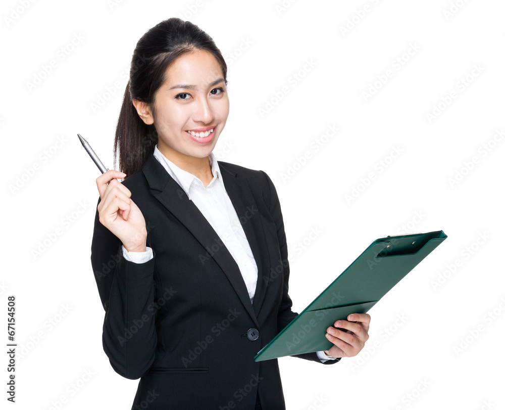 Business woman with clipboard and pen point out Business woman with clipboard and pen point out
