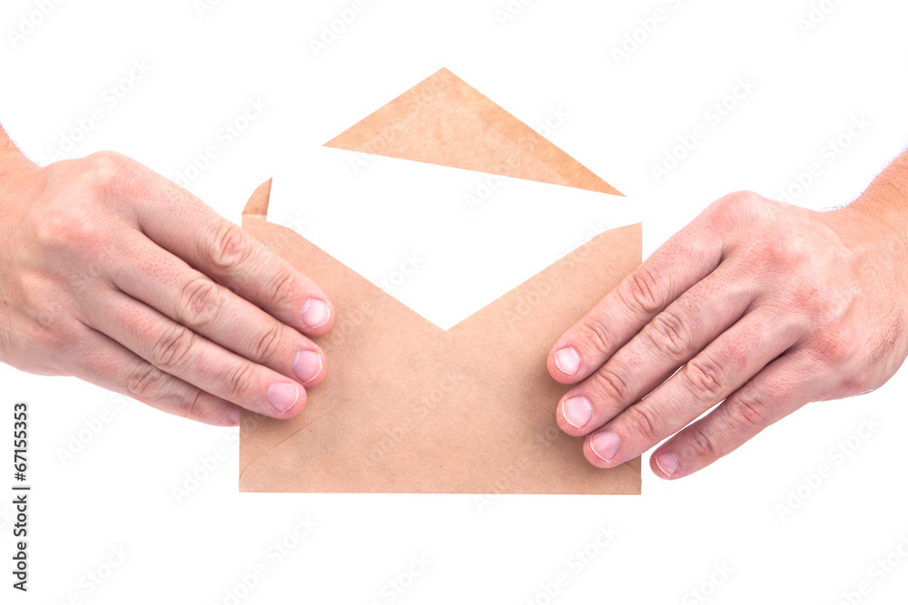 hands holding envelopes with letters on the white background iso