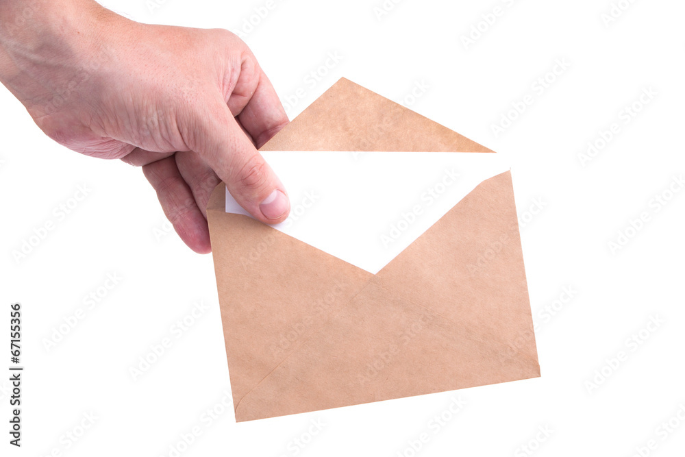 hand holding envelopes with letters on the white background isol