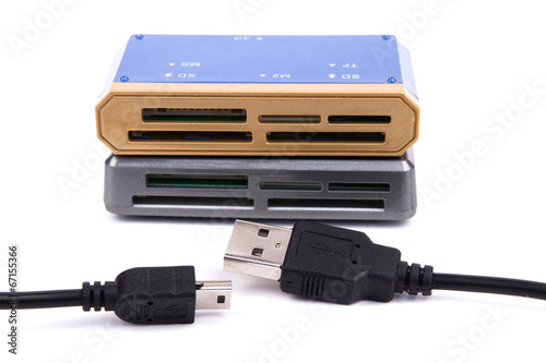 external usb cardreader and usb cabel isolated on white backgrou