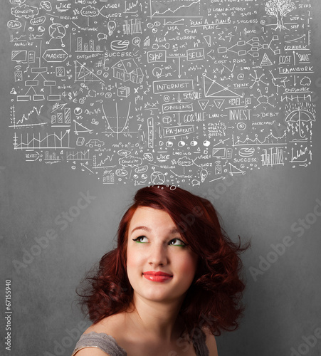 Young woman gesturing with sketched charts above her head