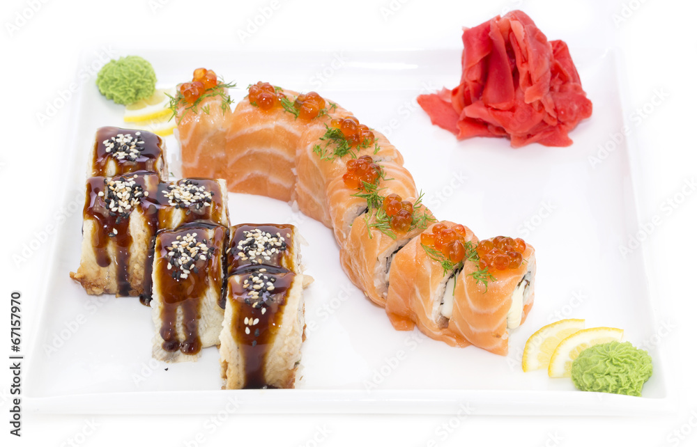 Japanese sushi seafood on a white background Japanese sushi seafood on a white background