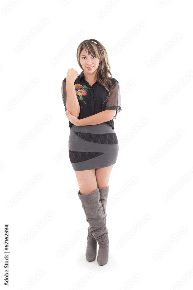 Fototapeta premium latin girl in grey black dress and long boots