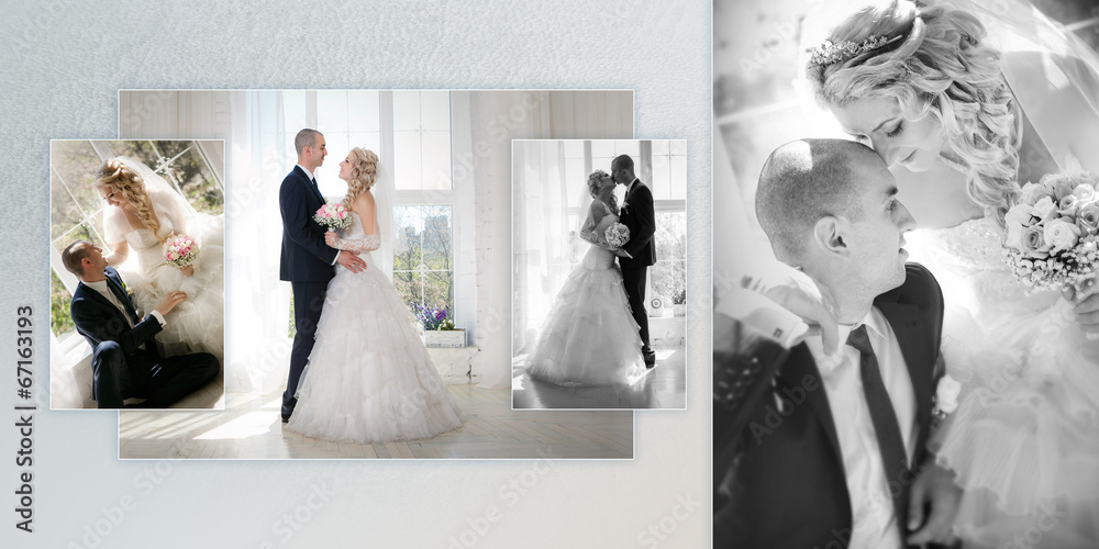 Collage - happy groom and the bride sit at a window - obrazy, fototapety, plakaty 