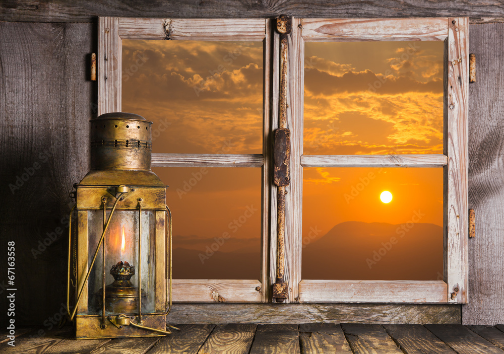 Wunschmotiv: Alte See Laterne aus Kupfer mit Sonnenuntergang als Hintergrund #67163558