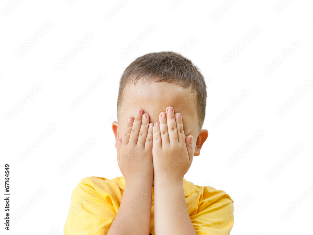 boy covers his face with his hands, isolated on white background boy covers his face with his hands, isolated on white background