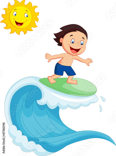Happy little boy surfing