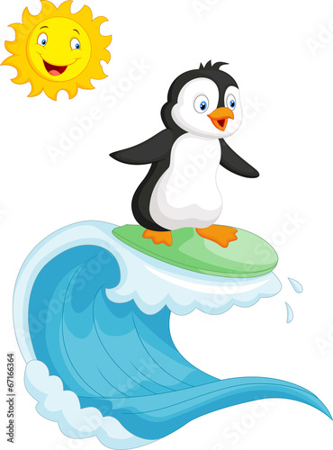Happy penguin cartoon surfing