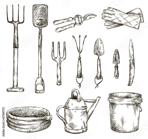 Set of gardening tools drawings, vector illustrations