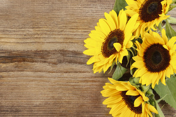 Sunflowers on wooden background