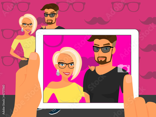 Photographing of happy couple on fuchsia background using white
