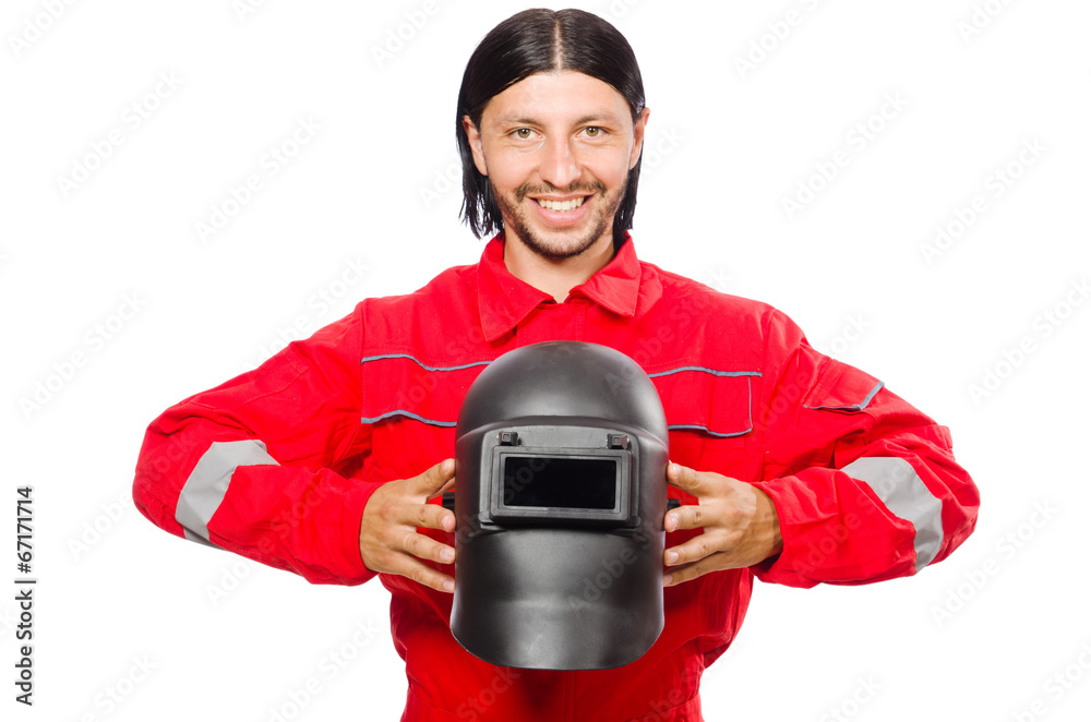 Welder in red overalls isolated on white