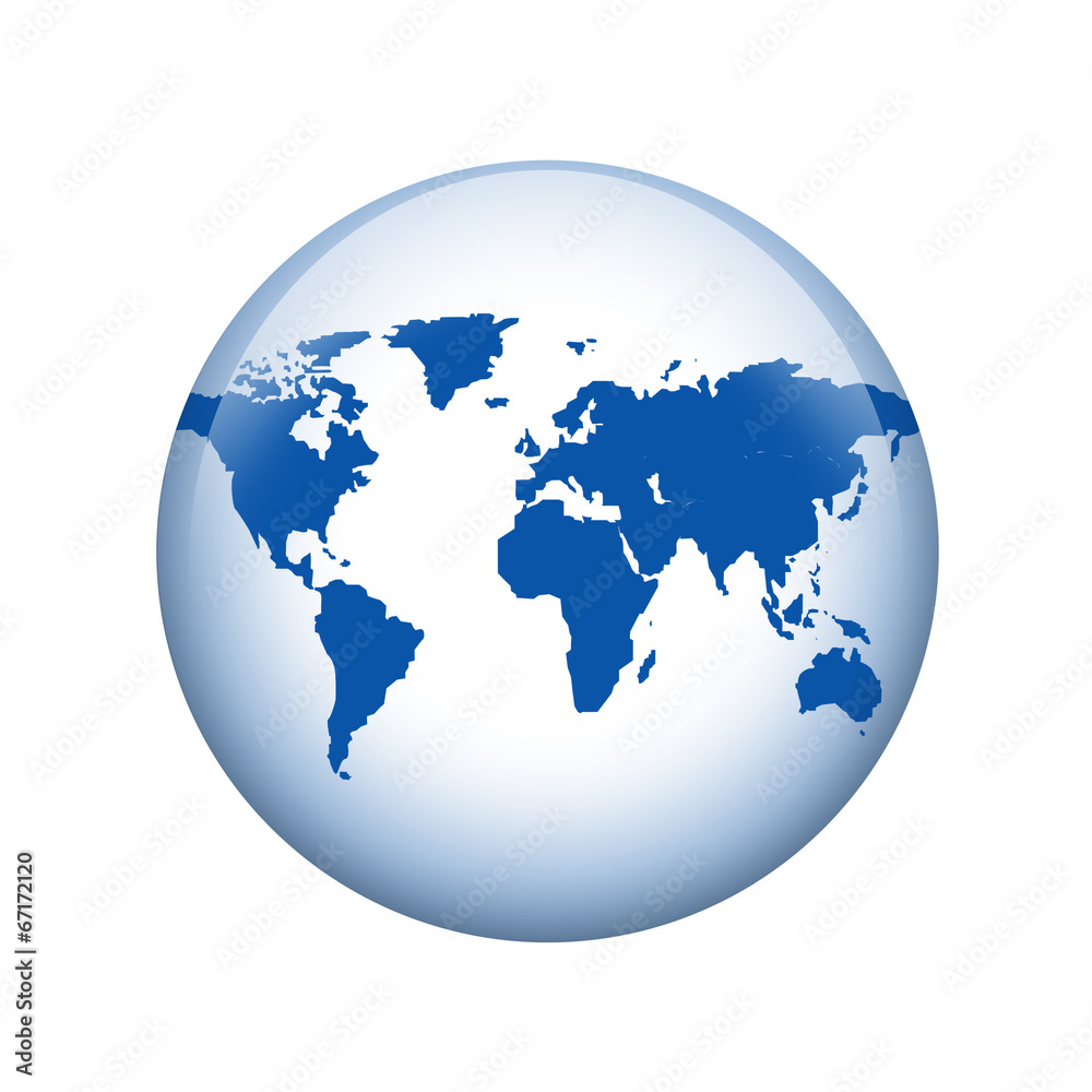 World map. Spherical glossy button