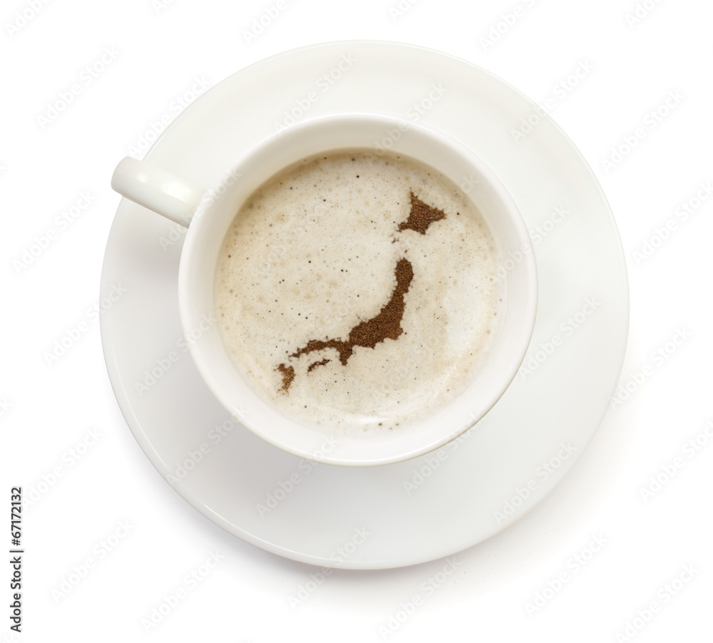 Cup of coffee with foam and powder in the shape of Japan.(series Cup of coffee with foam and powder in the shape of Japan.(series
