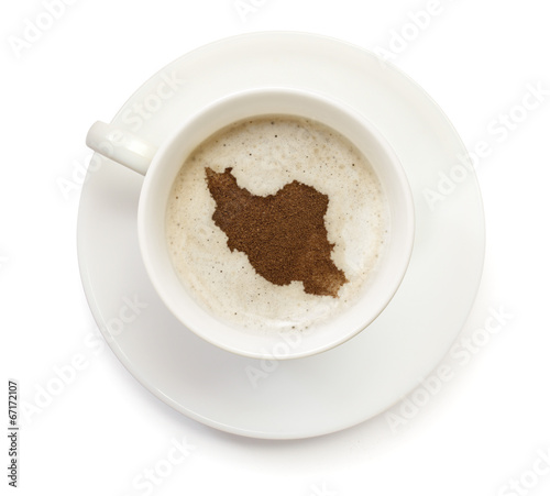Cup of coffee with foam and powder in the shape of Iran.(series)