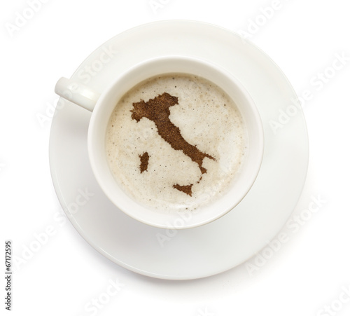 Cup of coffee with foam and powder in the shape of Italy.(series